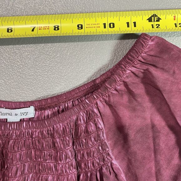 Floral & Ivy Blouse Smocked Neck Crochet Sleeve Tunic Flowy Womens Sz L Red Wine - Picture 5 of 10